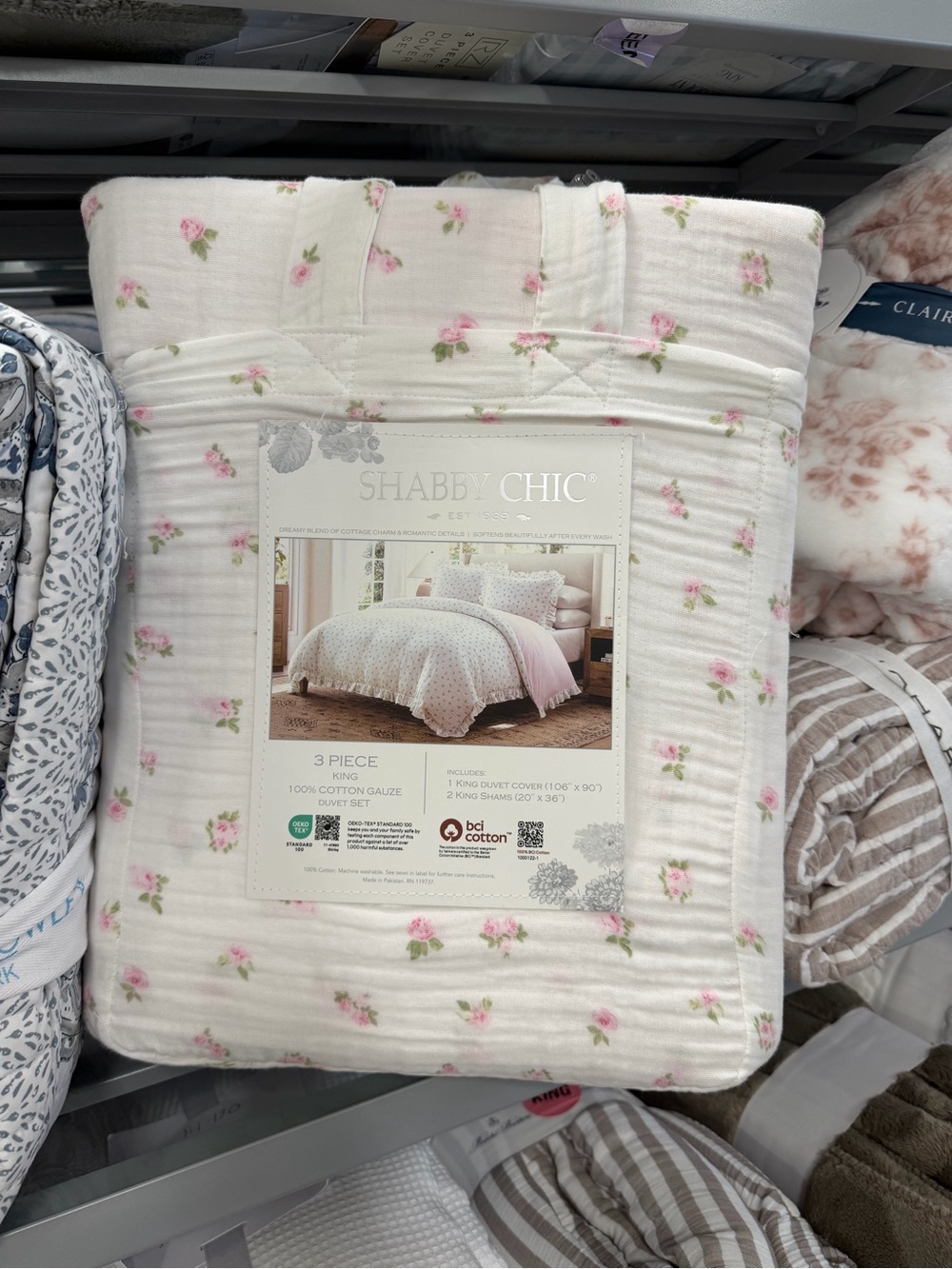 Shabby Chic Pink 3 PC King Gauze Duvet Set Pink Rose with Ruffles ~ Matching Bag - Picture 16 of 16
